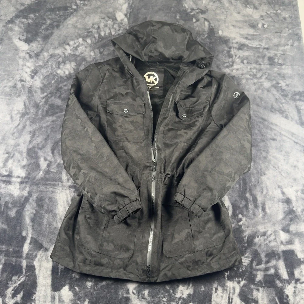 Michael Kors Camo Hooded Jacket Womens Large Black Grey Full Zip Drawstring